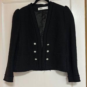 ZARA - black tweed blazer with crystal button